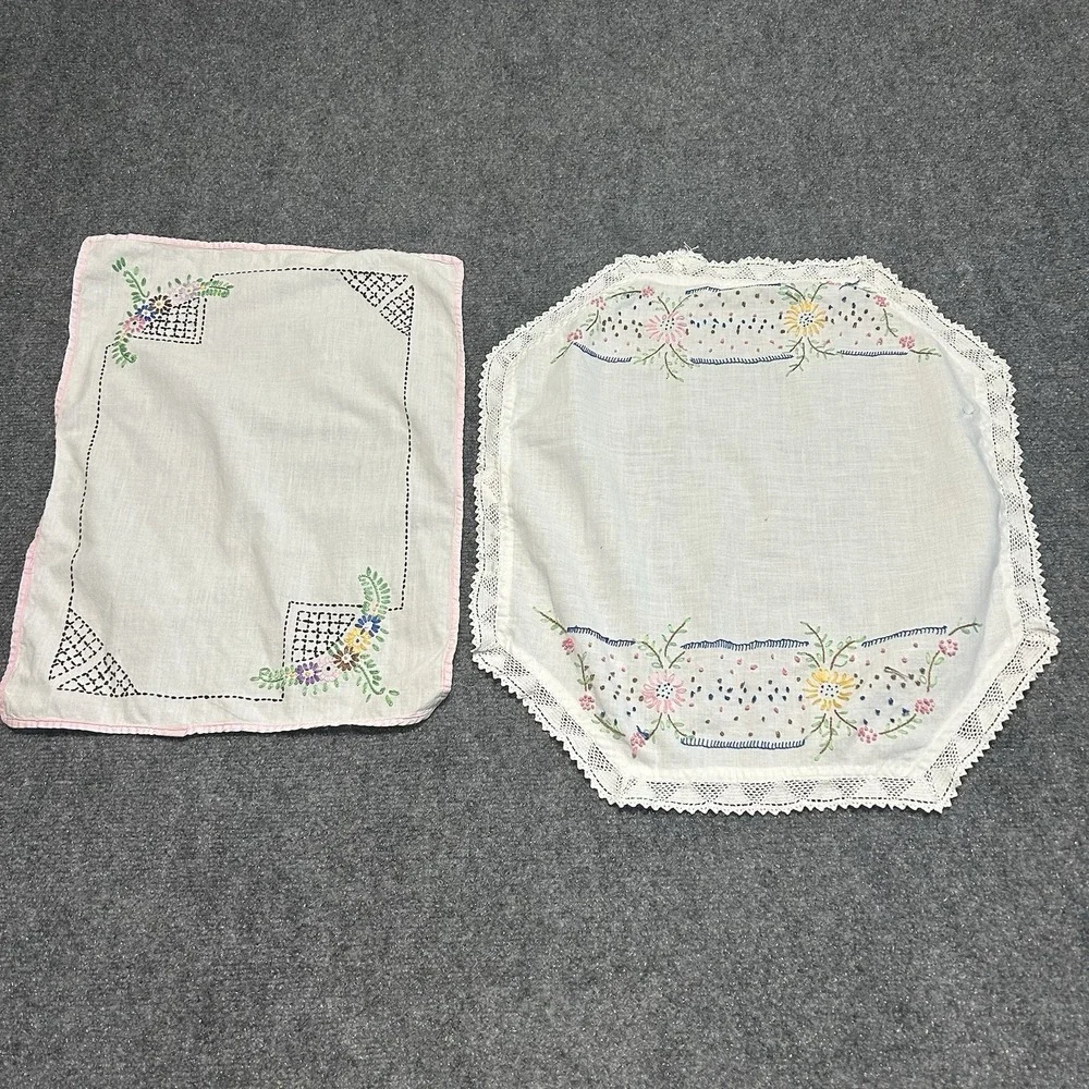 Vintage Needlepoint Cross-stitch‎ Linens Doily Set Of 2 Floral